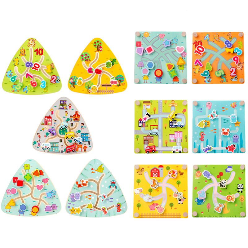Tableros de laberinto Montessori, juguetes de madera, fruta Animal, rompecabezas deslizantes con forma Digital, juego a juego, juguetes educativos de aprendizaje para niños