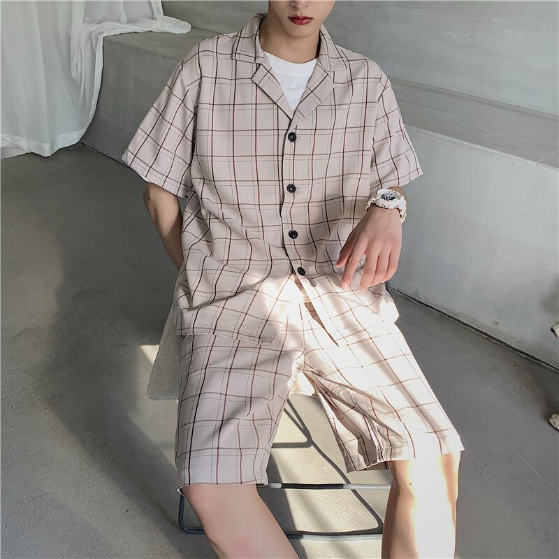 Summer Short-sleeved Shorts Suit Men's Korean Loose Business Casual Plaid Suit Men's Harajuku Streetwear Formal Suit Men