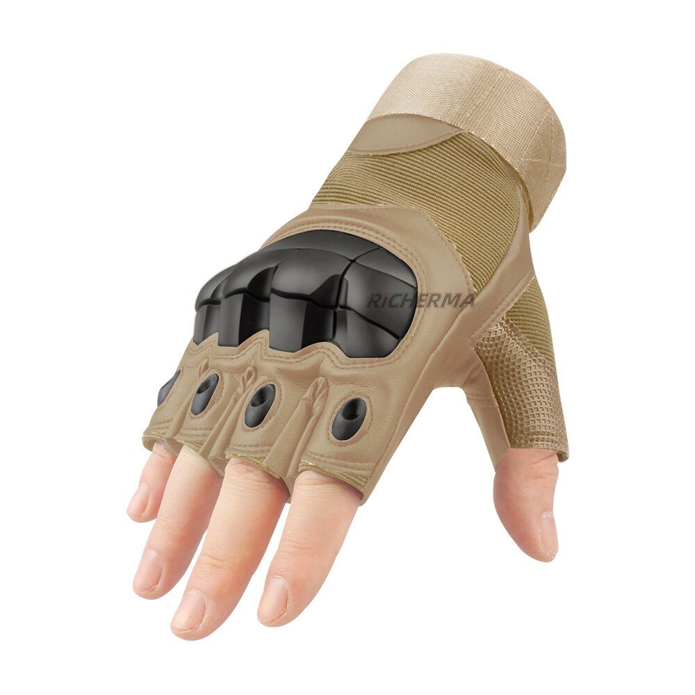 Touchscreen Leather Motorcycle Gloves Full Finger Hard Knuckle Winter Summer Motocross Motorbike Gloves Moto Biker Riding Gloves: Fingerless - Khaki / M