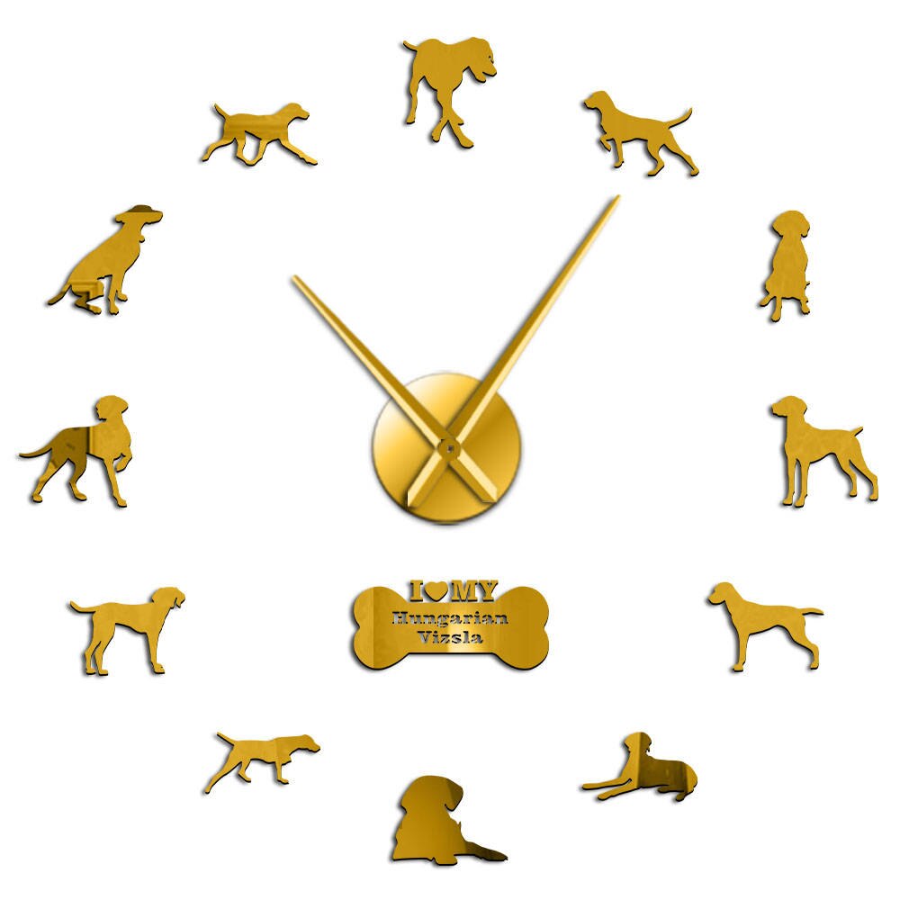 Modern Hungarian Vizsla Dog Breed DIY Wall Clock Mirror Surface Wall Stickers 3D Pet Clock Watch Beagle Portrait For Dog Lovers: Gold / 27inch