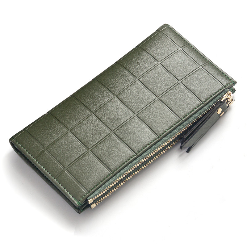 Classic Vrouwen Lange Portemonnee, Dubbele Rits Gesp, Handtas, Geruite Mobiele Telefoon Zak, reliëf Handtas, Nul Portemonnee