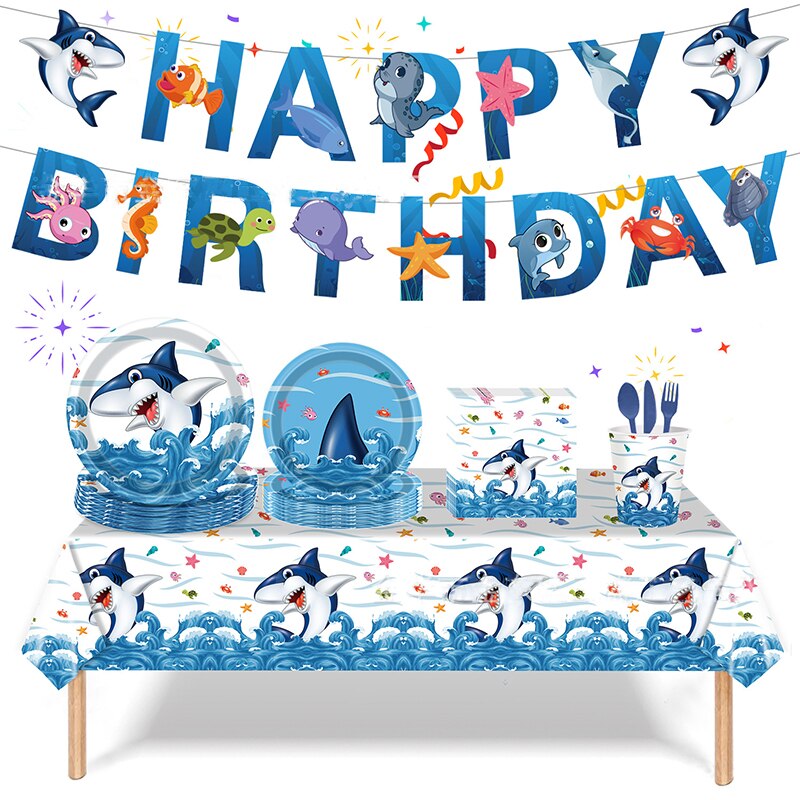 Blue Shark Ocean Theme Birthday Disposable Tableware Under The Sea Plates Napkins Happy Birthday Party Decor Kids Baby Shower