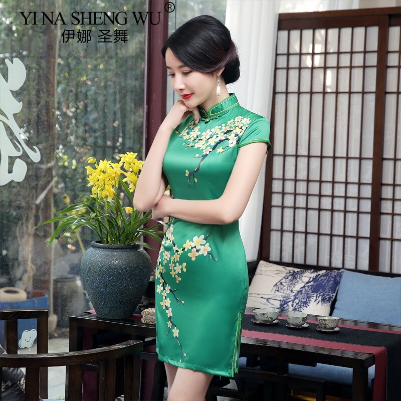 Chinese Cheongsam Wedding Dress Improved Short Satin Silk qipao Printed Evening Women Retro Slim Open Cheongsam