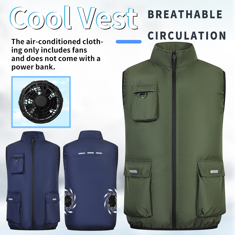 Koelende airco-werkkleding: Vest met grote zakken en USB-ventilator voor continue koeling in warme buitenwerkomgevingen