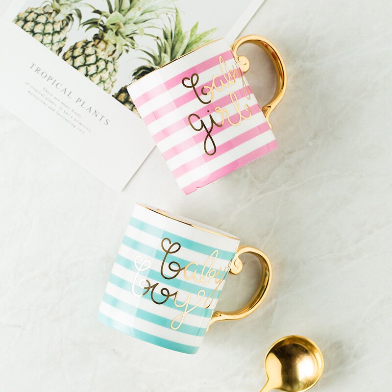 Tasse à café en porcelaine de 350ml, en céramique, couleurs grises, roses, Mr et Mrs, motif blanc, poignée dorée, tasses à thé et lait,