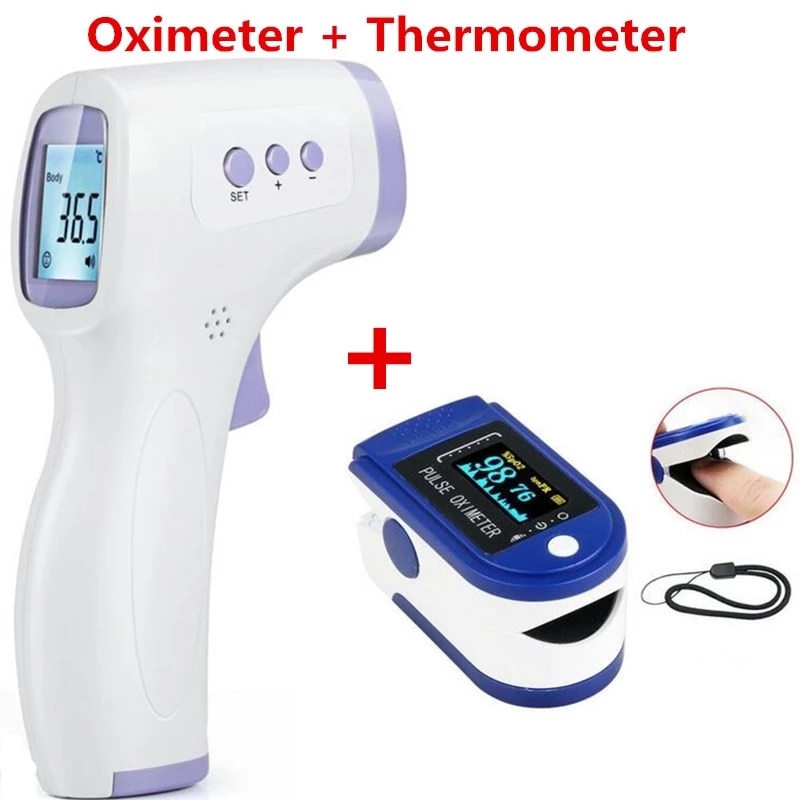 Digitale Lcd Infrarood Thermometer Non-contact Voorhoofd Baby Volwassen Temperatuur Gun + Vingertop Pulsoxymeter
