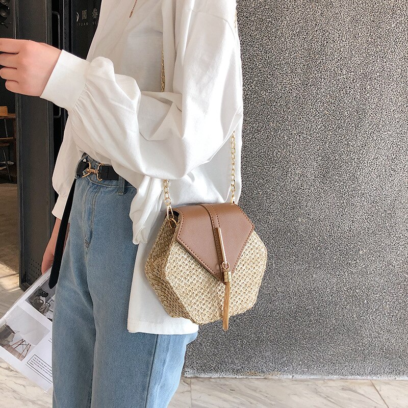 Summer Straw Women Handbags Pu Leather Small Tote Bags Women Casual Flap Crossbody Bags Tassel Shoulder Bag for Female