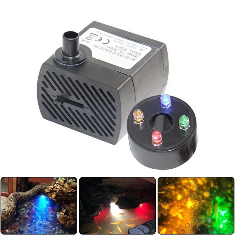 Submersible Pump Quiet Water Pump Fountain Pump with Power Cord 4 LED Lights Built-in Filter for Fish Tank Pond Aquarium