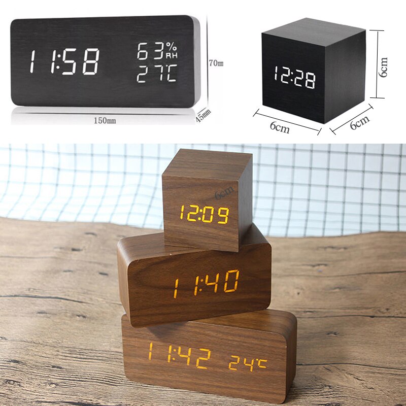Led træ vækkeur ur bord stemmestyring vågne lys digitalt træ ur alarm usb/aaa powered ure bord boligindretning