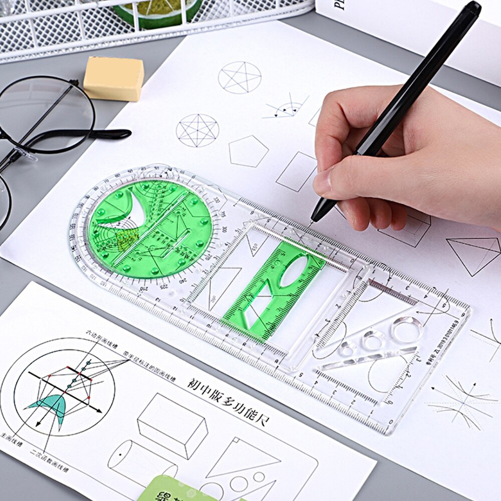 Regla geométrica multifuncional, herramienta de medición de plantilla de dibujo geométrico para suministros de oficina y escuela, NIN668: green