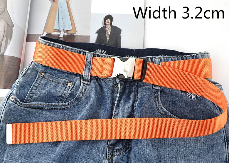 Cinturón largo con hebilla de lona de plástico para mujer, cinturón negro, rojo y blanco, correa para cintura femenina, pantalones vaqueros para niña: Orange Width 3.2cm