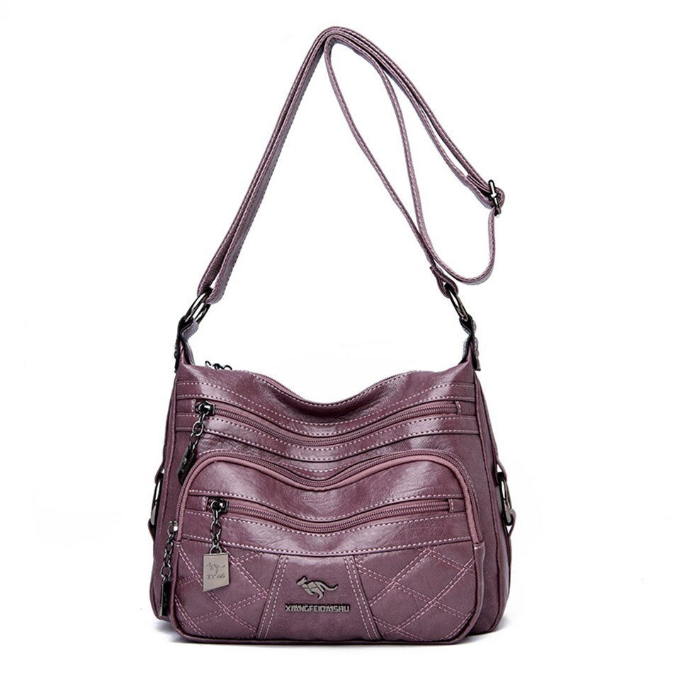Diamant Gitter Viele Taschen Schulter Tasche Weiche Leder Umhängetaschen für Frauen Damen Reisetasche Handtaschen: lila