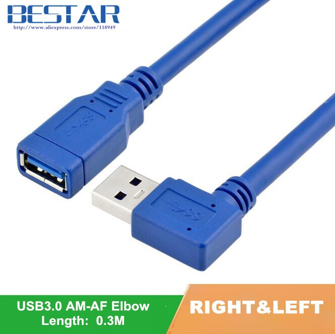 90 Graden Links & Haaks Standaard USB 3.0 hoek Man naar vrouwelijke AM om AF Extension Connector Draad datakabel 30 cm 1ft 0.3 m