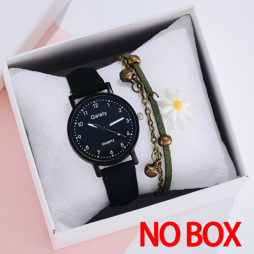 Mærke ur til kvinder enkle arabiske tal armbånd læder dame kjole kvarts ur ur til kvinder relogio feminino: 2 stk sort sæt