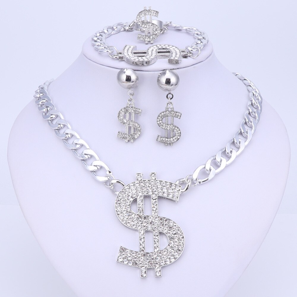 Goud Kleur Hip Hop Bling Bling Dollar Sign Hanger Sieraden Set Dollar Met Strass Hanger Ketting Oorbellen Ring Armband: Silver