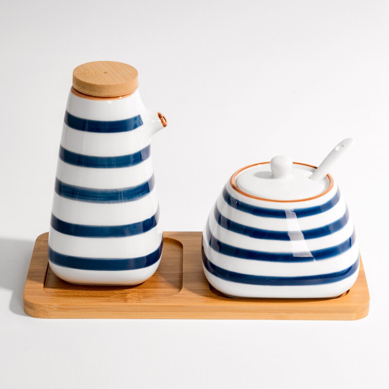 Keramiska kryddkrukor set kök hushållssaltkar i japansk stil kryddflaskor kryddask cruet 3 stycken: Blå