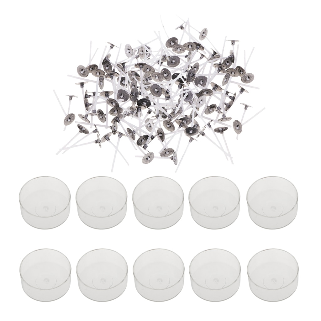Mechas de algodón preenceradas de 200x, mechas para velas de algodón y 10 piezas de plástico transparente, forma redonda, taza de té, estuche vacío fabricación de velas, molde