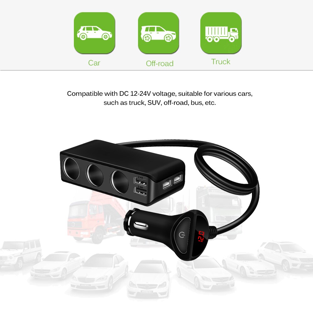 Onever 4 Usb-poort 3 Way Sigarettenaansteker Splitter Charger 120W Power 6.8A USB Auto-oplader Ondersteuning display Volmeter