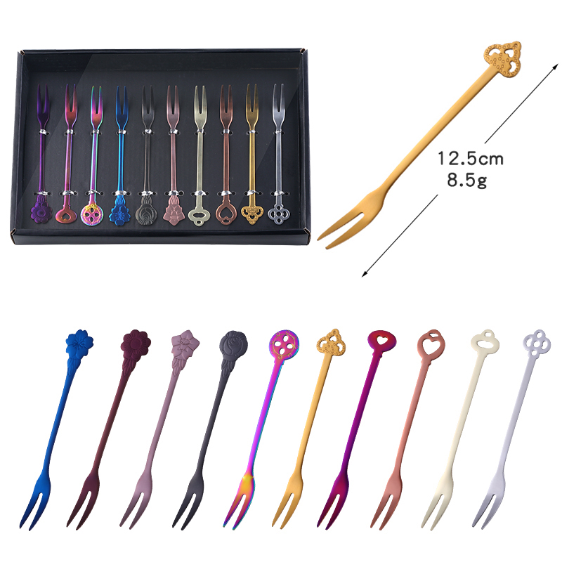 10PCS/Set Fruit Forks Stainless Steel Gold Cake Dessert Forks Lovely Mini Fork Used For Cake in Party Restaurant With Box