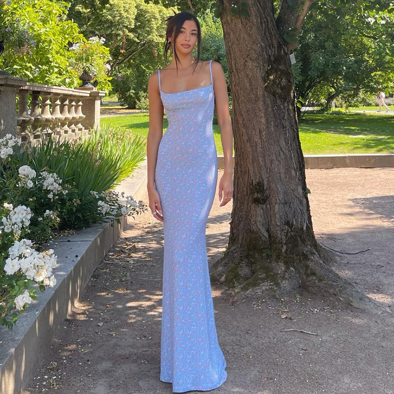 Backless Slip Floral Maxi Long Dress Women 2025 Summer Trendy Retro Sexy Sleeveless Low Cut Bodycon Beach Party Sundress