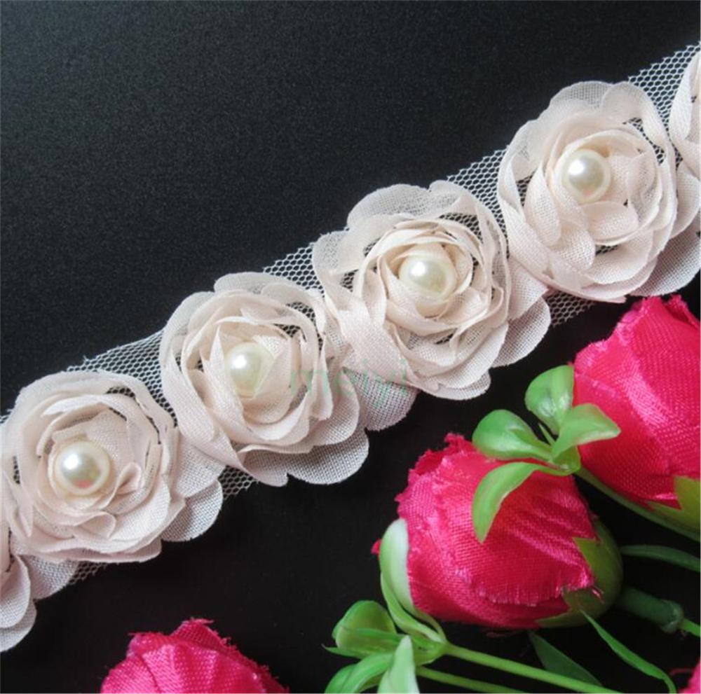 Oplosbare Chiffon Rose Bloem Parel Geborduurde Stof Kant Trim Lint Handgemaakte DIY Naaibenodigdheden Ambachtelijke Voor Kostuum Decoratie