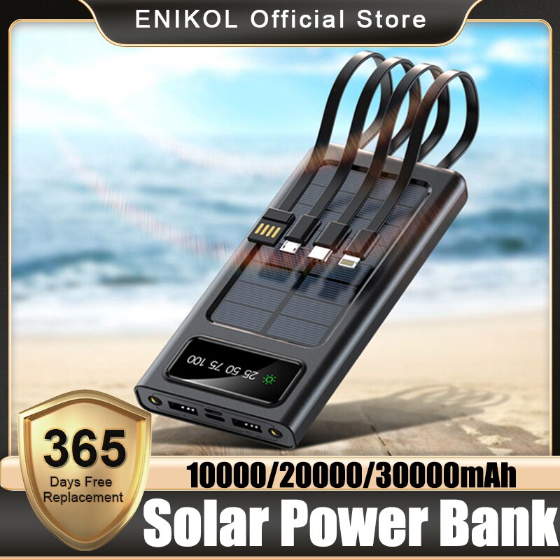 Solar Power Bank 20000Mah Met Zijn Eigen Oplaadkabel Outdoor Powerbank Externe Batterij Draagbare Zonnepaneel Oplader