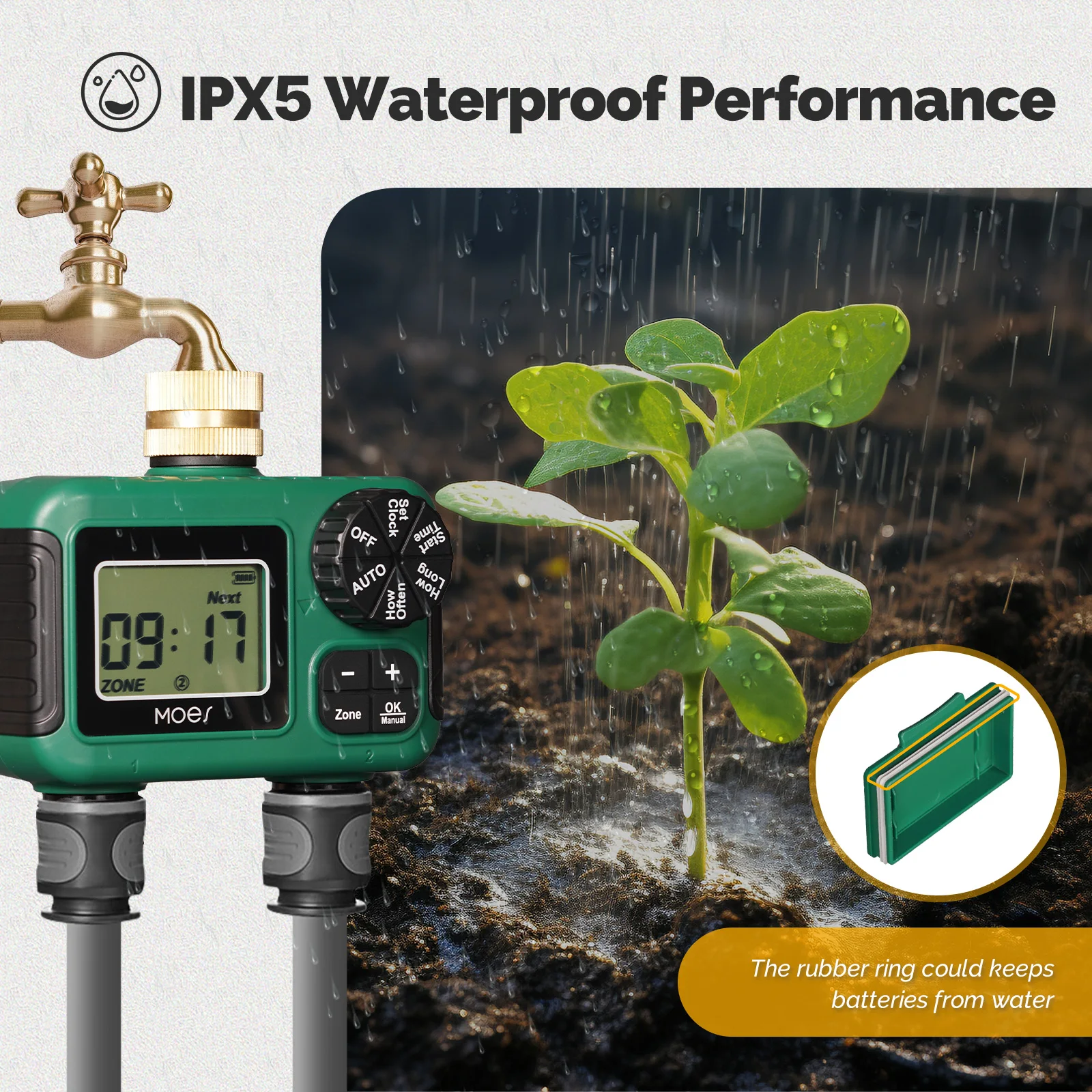 MOES 2-Auslass-Wassertimer, Durcheinander-Einlass, IPX5, wasserdicht, Drehknopf, LCD-Anzeige, Regenverzögerung, Kindersicherung, Gartenbewässerung