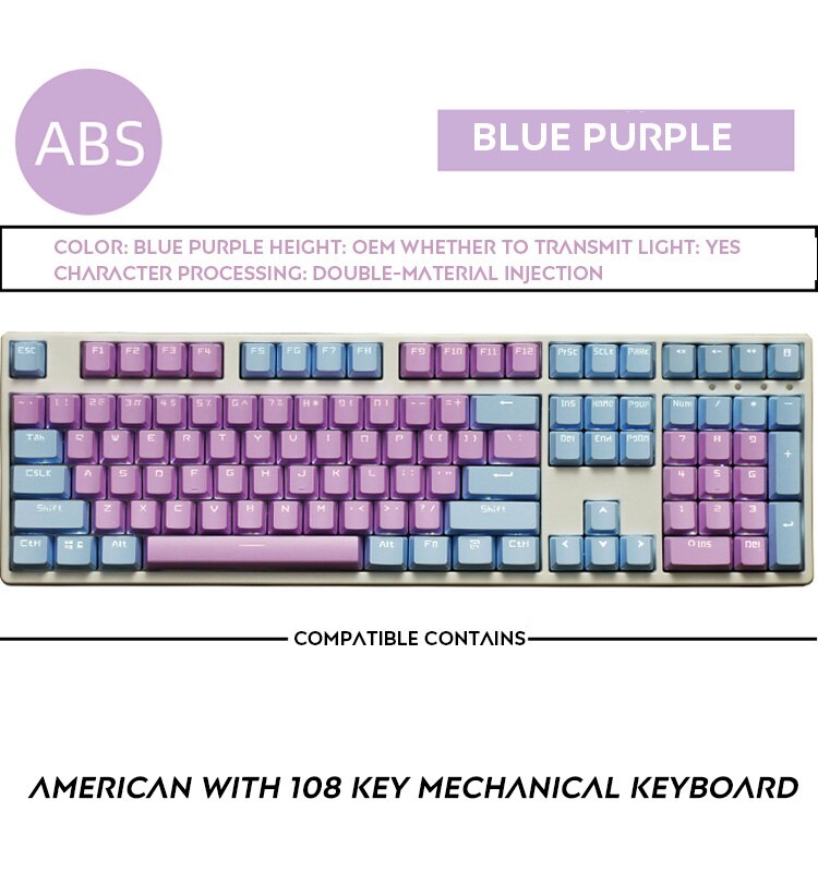 108 Keys OEM Profile Double Shot Backlit Keycap IKBC Filco Keycaps For Cherry MX Switch Mechanical Keyboard: Blue purple