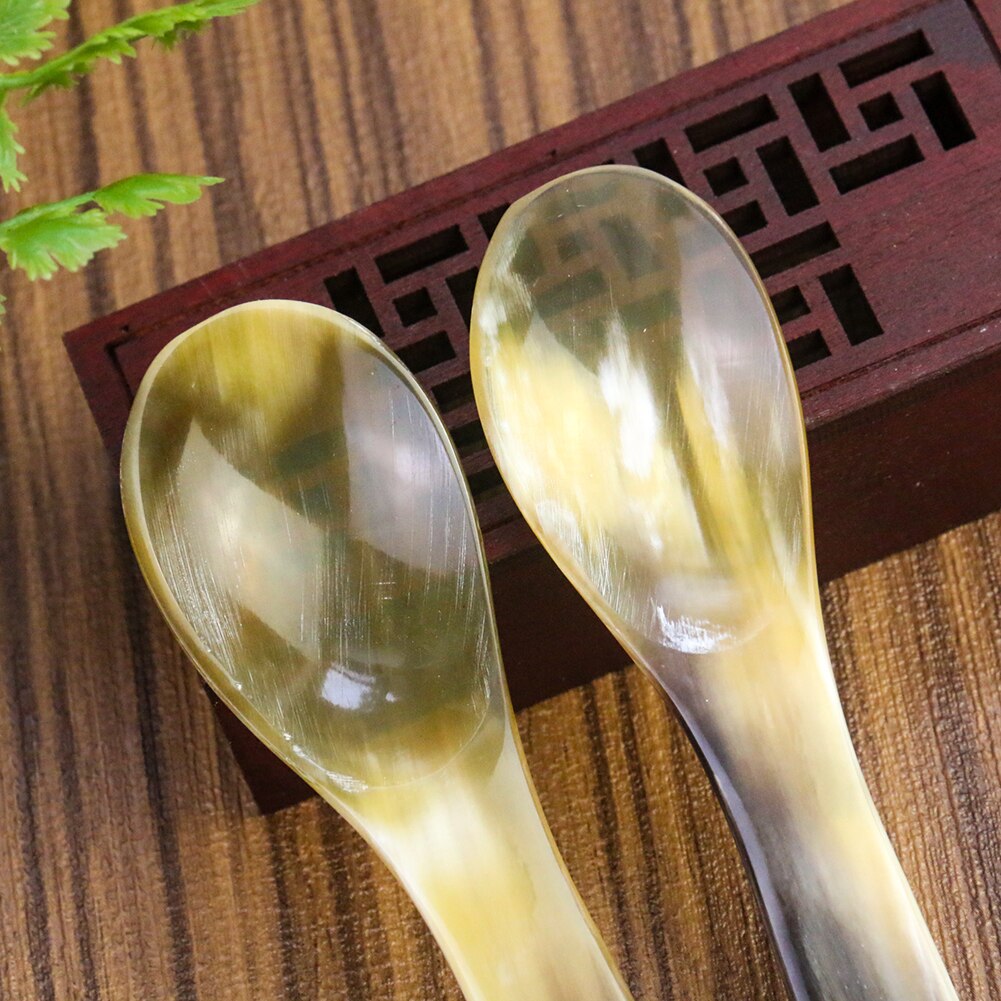 Cuchara de sopa de cuerno de Yak tibetano Natural, cuchara de café y postre con mango largo, tallada a mano, escamas de pescado, vajilla, utensilios de cocina