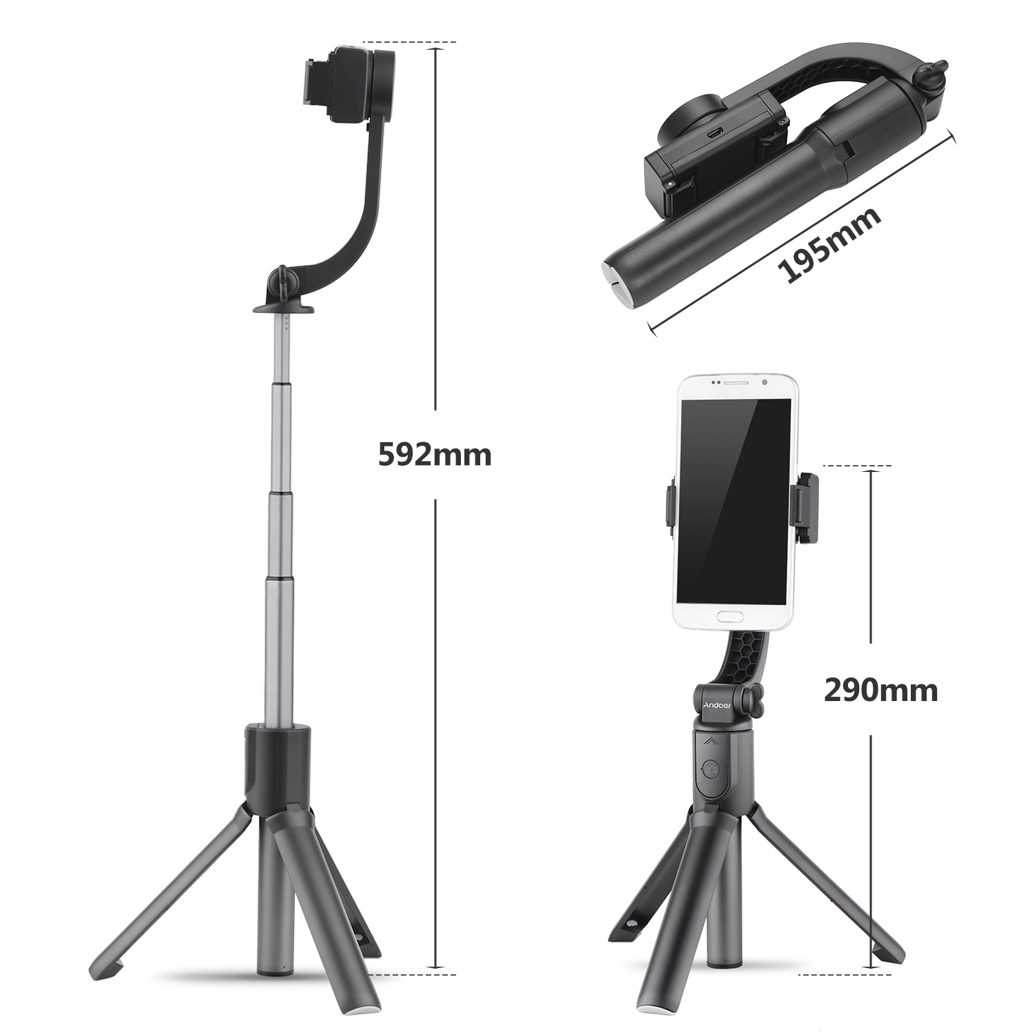 Andoer 3-In-1 Uitschuifbare Smartphone Gimbal Stabilizer + Selfie Stok + Tripod Stand Voor Live Vloging Video voor Smartphones