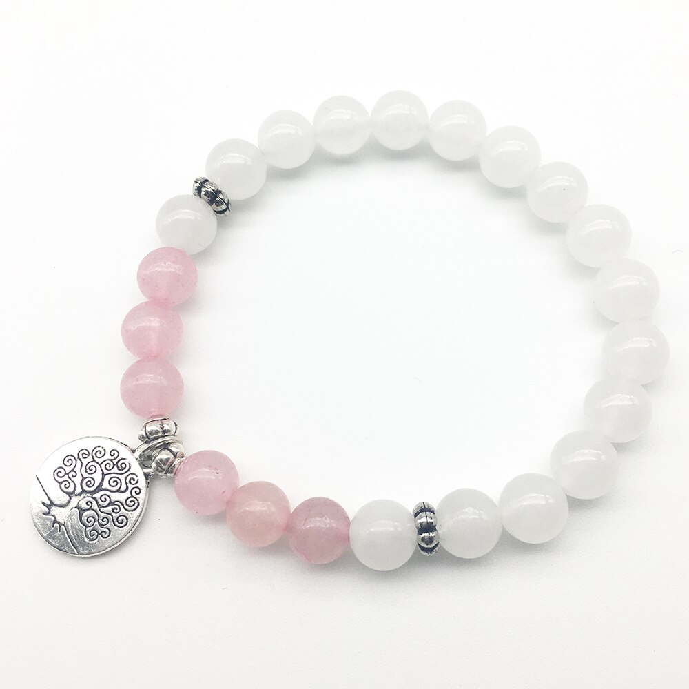 Sn1307 damesarmbanden van witte kralen, rozenkwarts met een levensboom-bedel, het beste voor haar