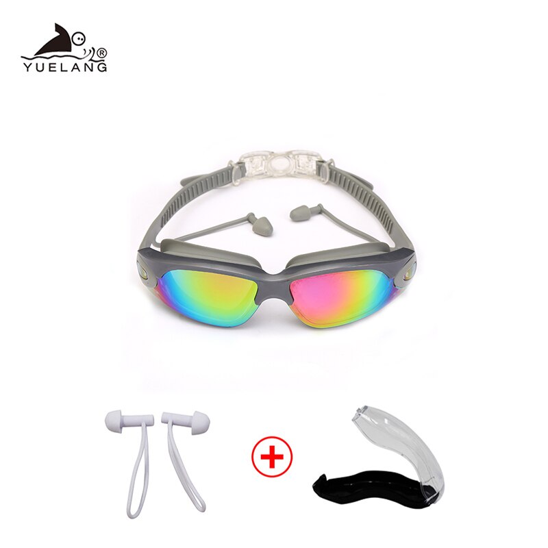 Zwembrillen voor volwassenen, waterdichte brillen, oordopjes, siliconen badmutsen, anti-condens zwembrillen voor in het zwembad, uv-zwembrillen voor in de arena: Grijs