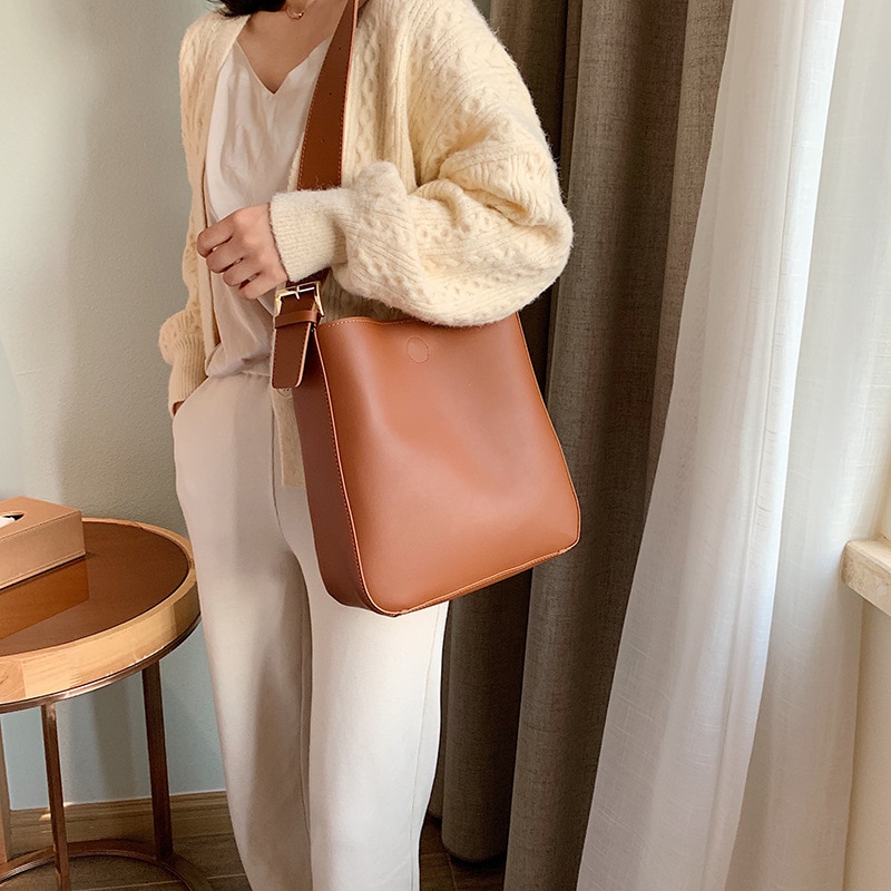 casual large capacity totes wide strap buckets bag luxury soft pu leather shoulder crossbody bags lady simply big purse