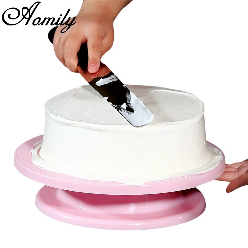 Aomily 28 cm Food Grade Plastic Cake Draaitafels Fondant Cake Mousse DIY Decorating Lade Platform Met Schaal Keuken Bakvormen Roze