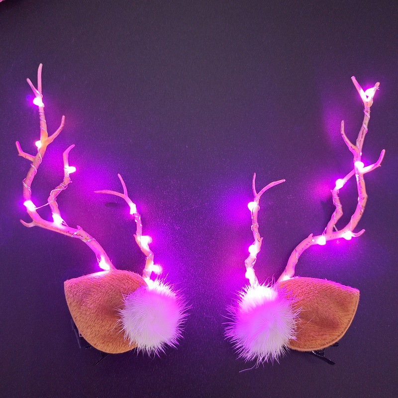 Épingles à cheveux Led en bois, barre Flash, oreilles d&#39;élan scintillantes, accessoires de bandeau en corne, de pâques: pink led lights B