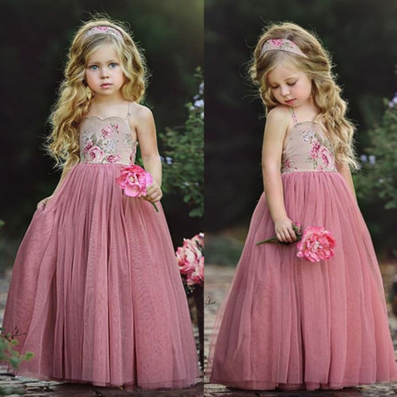 Prinsesse kjole børn pige lyserød blonder blomst stroppekjole maxi lang prinsesse fest børn sommer kjole formel kjole