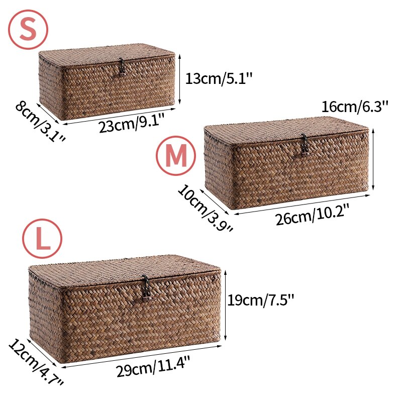 Handmade Woven Storage Baskets Laundry Basket Home Storage Rectangular Storage Box with Lid Sundries Organizer Box