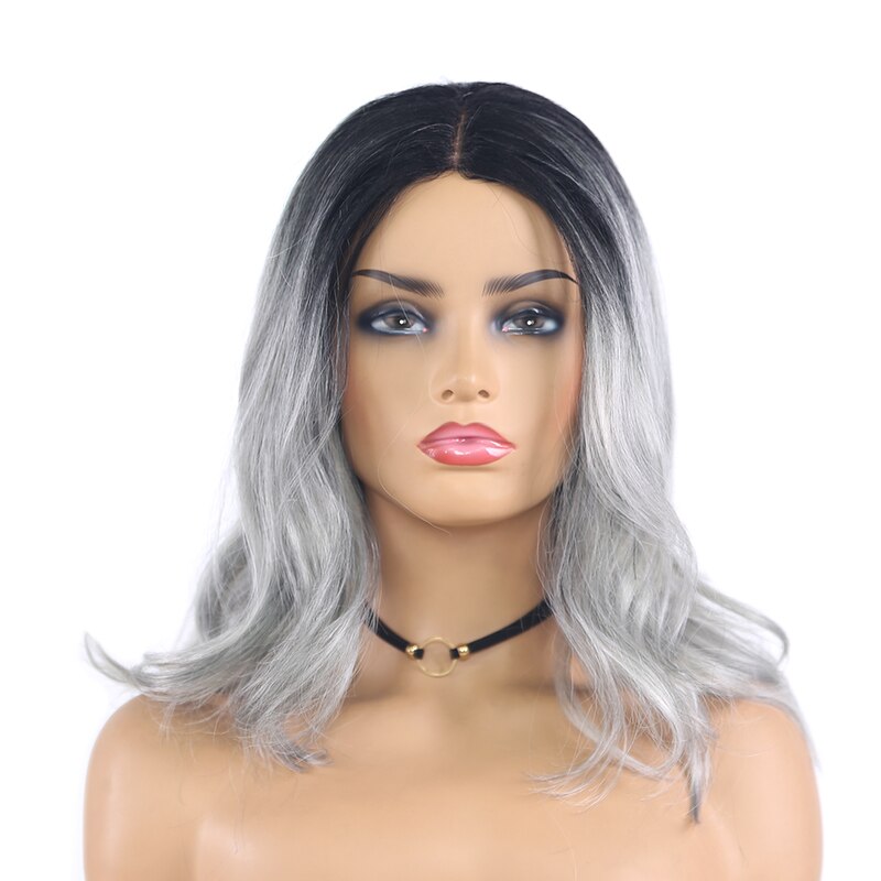 Ombre Ginger Colored Natural Wave Synthetic Lace Wigs Gray Brown Orange X-TRESS Shoulder Length Bob Hair Wigs For Black Women: 4BOM-1B-DOVE