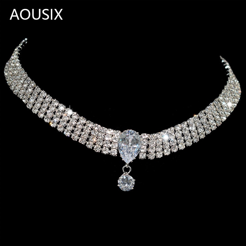 Collier ras du cou en cristal plaqué argent de fleur Zircon pour femmes, collier ras du cou en cristal, goutte d'eau, bijoux de mariée,