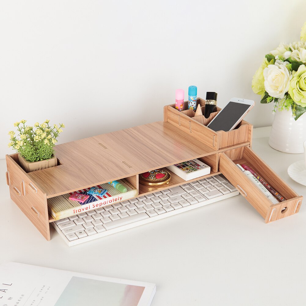 Houten lcd-desktopmonitorstandaard met verhoger voor bureau-organizer voor imac laptop pc