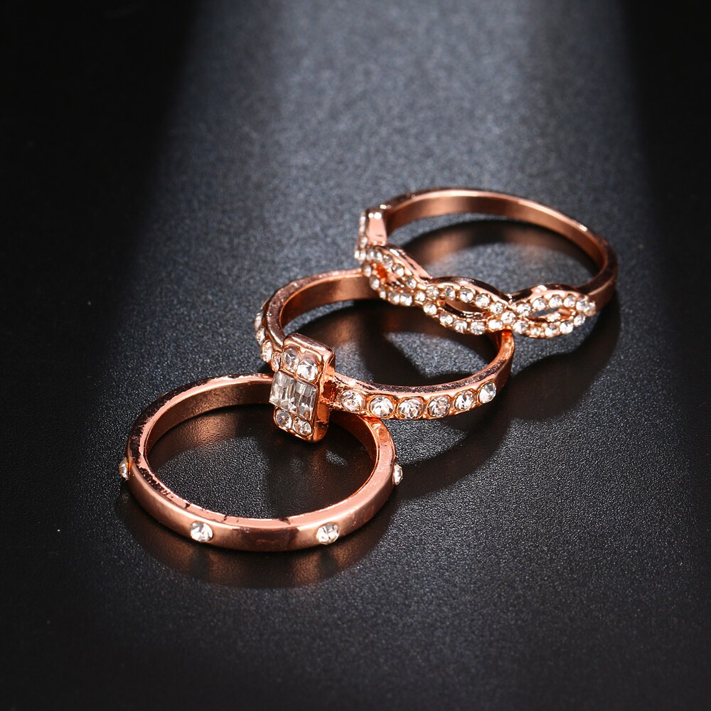 Ensemble de 3 bagues infinies en cristal doré pour femme, bijoux de fiançailles et de mariage