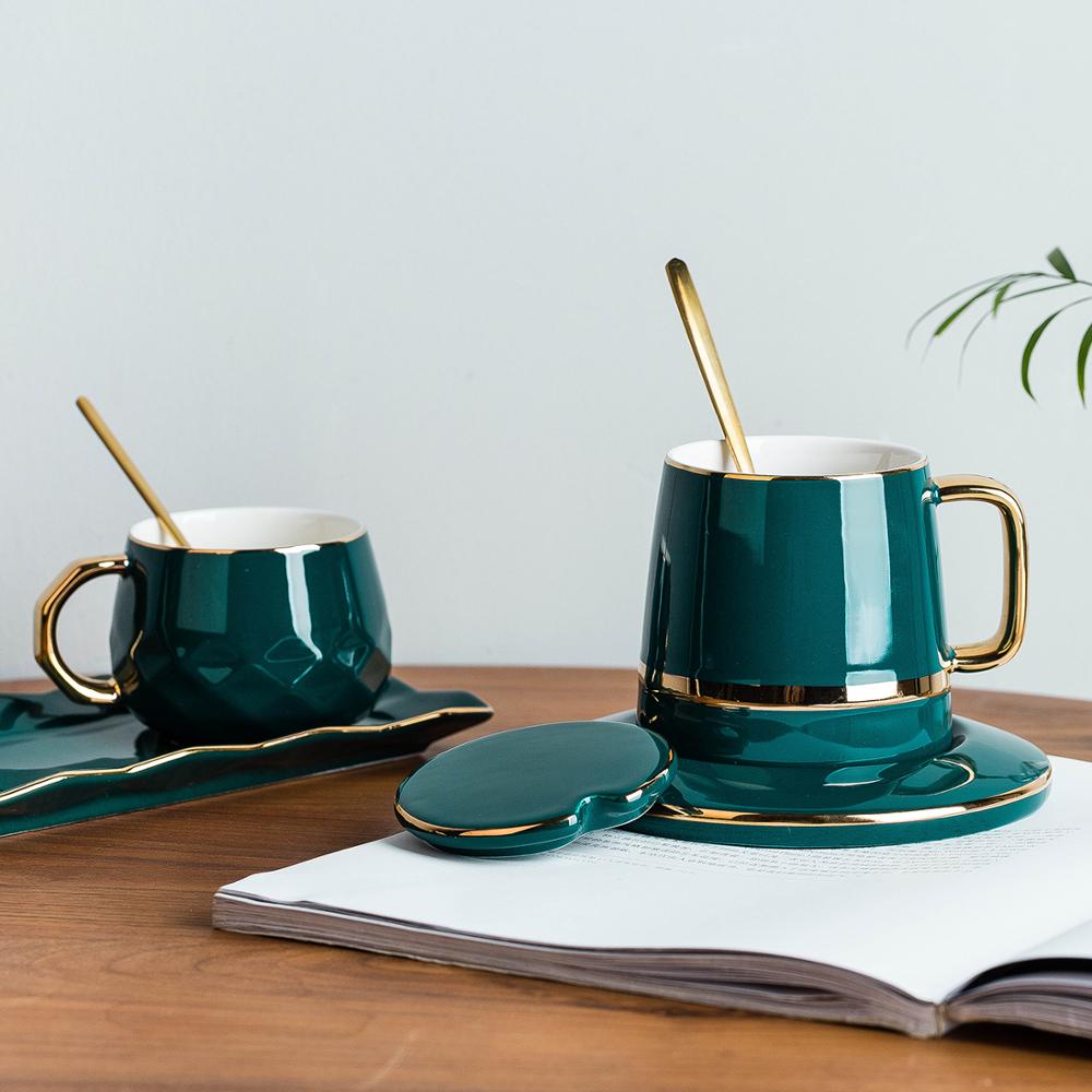 Juegos de tazas de café verde, con esterilla y cucharas, tapa de Taza de cerámica, juegos de cubiertos de leche para el desayuno, caja de para cumpleaños de San Valentín