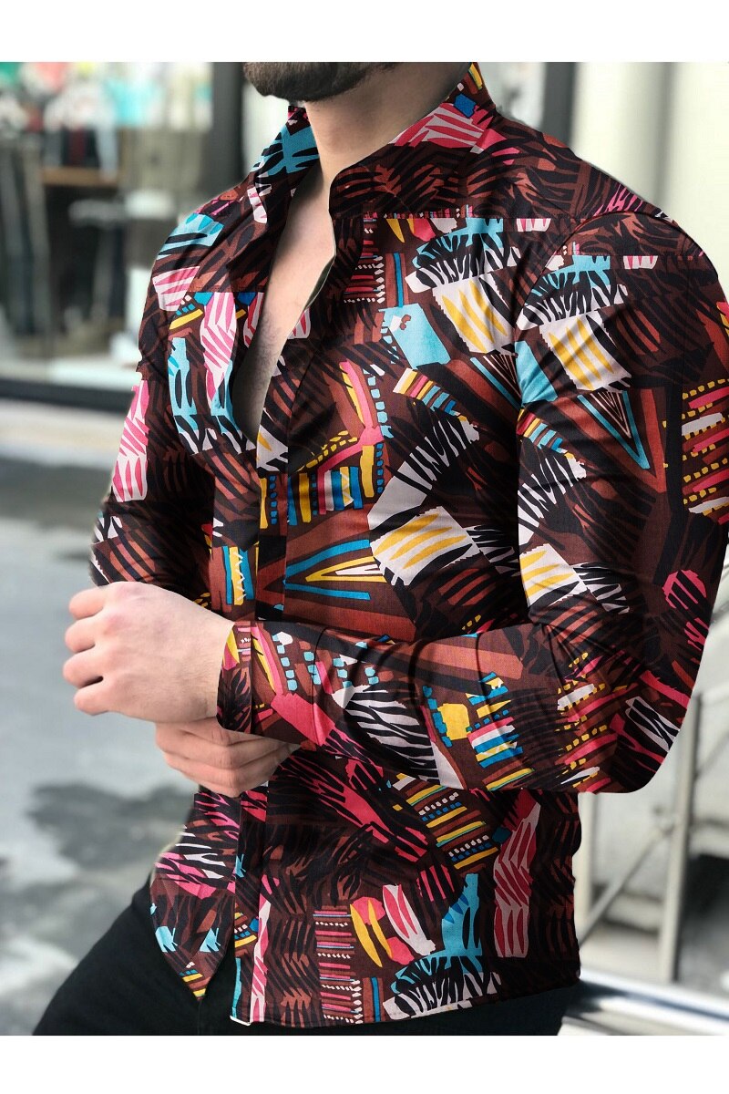 Camisas florales de manga larga de Otoño de para hombres camisas estampadas con flores de corte delgado para hombres cami