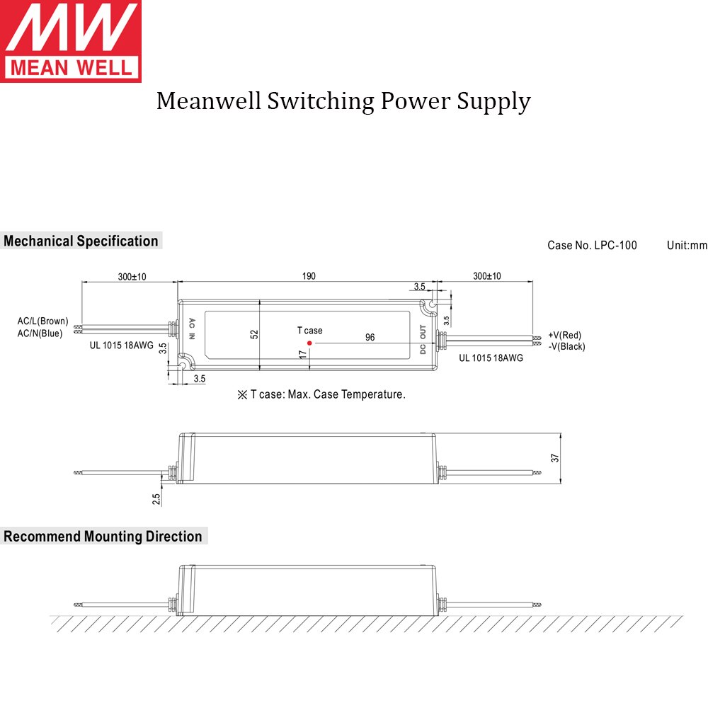 Meanwell LPC-100 Waterdichte Led Driver Enkele Output Voeding 90-264VAC 100 W 350mA 500mA 700mA 1050mA 1400mA 1750mA 2100mA