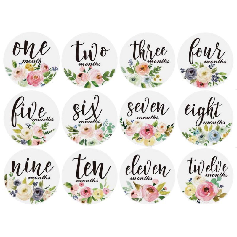 12- pack baby maandstickers en mijlpaalstickers neutrale baby eerste jaar maand: Wit