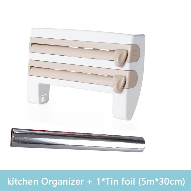Organizer for Kitchen 4 in1 Wall-Mount Paper Towel Holder Sauce Bottle Storage Film Cutter Tin Foil Rack Kitchen Organization: Khaki-Tin foil