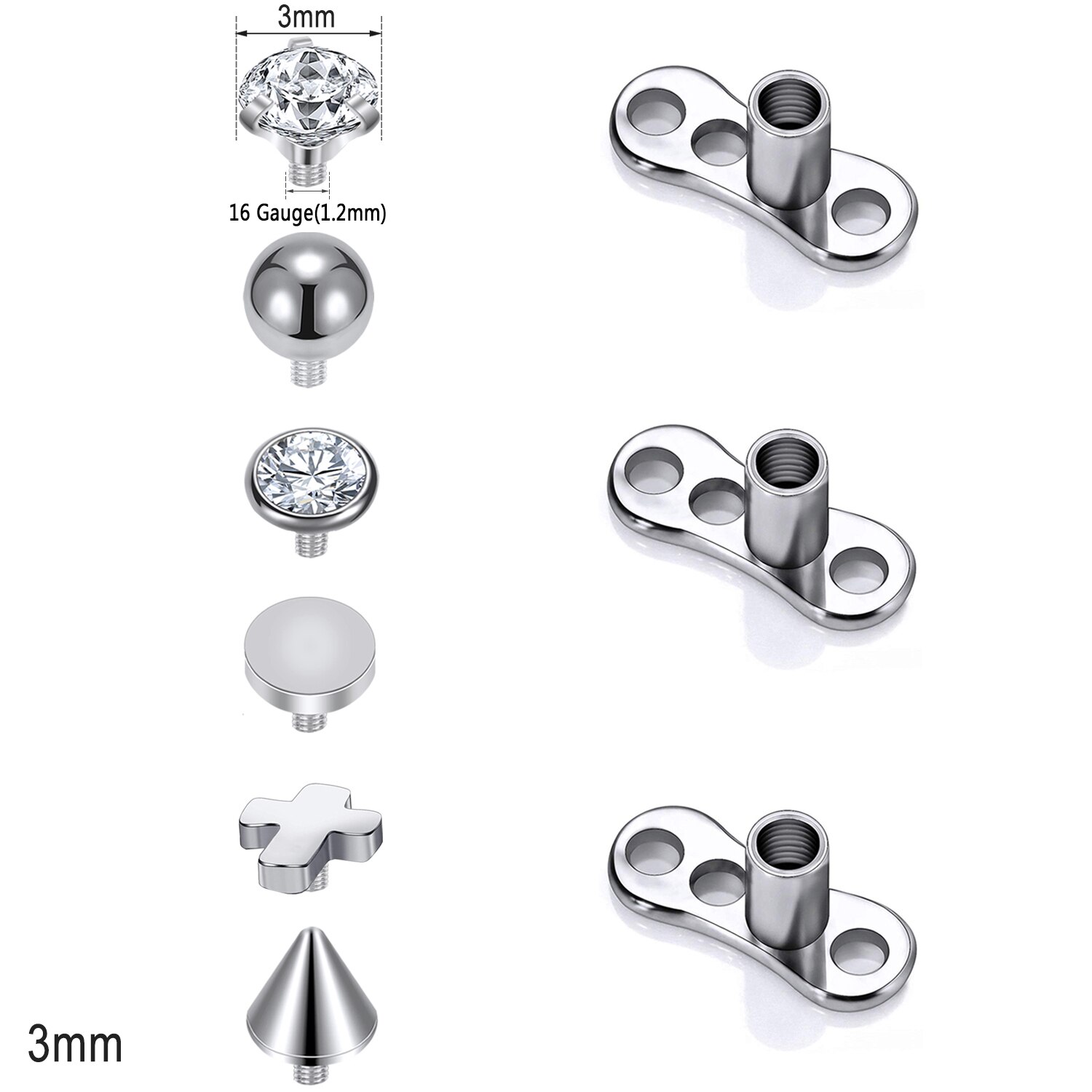 ZS 1 Set 2.5/3/4MM CZ Crystal Micro Dermal Piercing Men Women Stainless Steel Dermal Anchor Surface Piercings Opal Skin Diver: Pure Gold Color