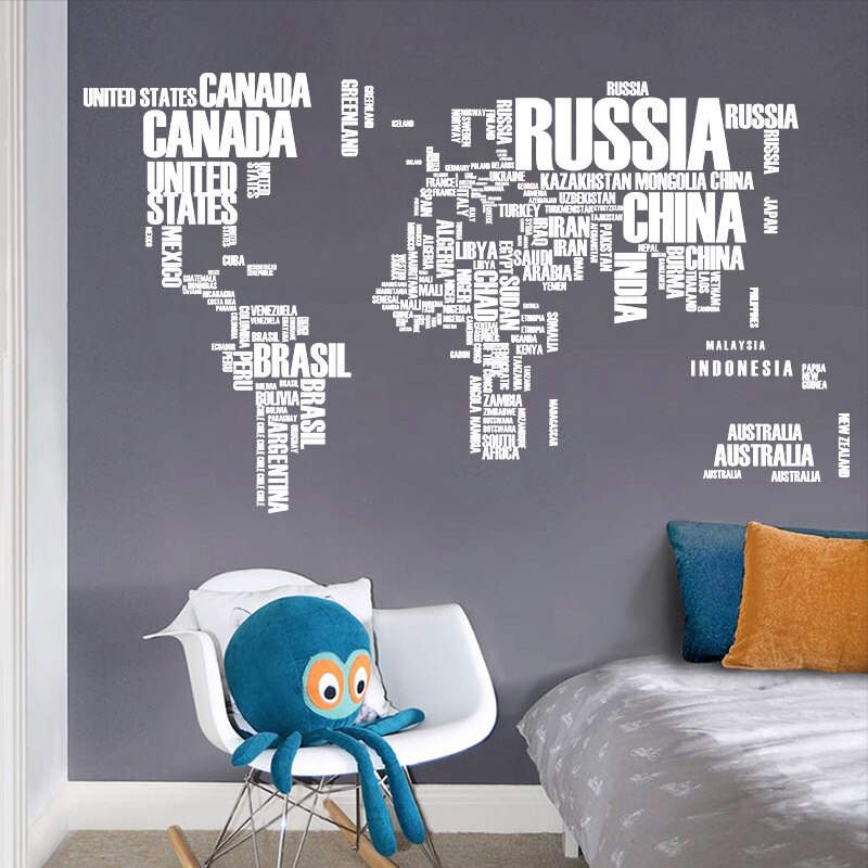 Pegatinas de pared extraíbles con letras blancas, calcomanía de PVC con mapa del mundo para viaje, Mural para decoración del hogar y sala de estar, pegatinas de pared creativas DIY