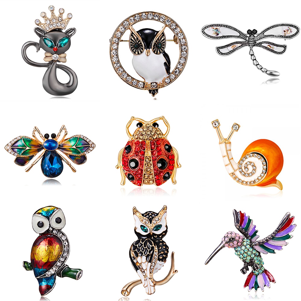 Animals Jewelry Brooch Pins Cat Dragonfly Insect Owl Bird Beetle Brooches For Women Men Costume Lapel Pins