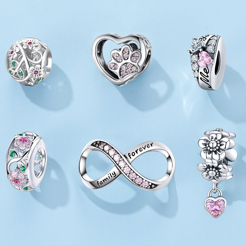 WOSTU autentico 100% argento Sterling 925 zircone rosa perline di cristallo fascino misura originale ciondolo braccialetto argento 925 creazione di gioielli